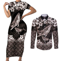 Hawaiian Plumeria and Humpback Whales Couples Matching Short Sleeve Bodycon Dress and Long Sleeve Button Shirt Polynerian Art Tattoo-Grayscale Mode LT03 Black - Polynesian Pride