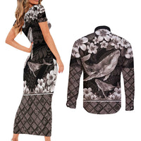 Hawaiian Plumeria and Humpback Whales Couples Matching Short Sleeve Bodycon Dress and Long Sleeve Button Shirt Polynerian Art Tattoo-Grayscale Mode LT03 - Polynesian Pride