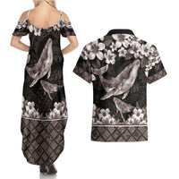 Hawaiian Plumeria and Humpback Whales Couples Matching Summer Maxi Dress and Hawaiian Shirt Polynerian Art Tattoo-Grayscale Mode LT03 - Polynesian Pride