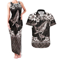Hawaiian Plumeria and Humpback Whales Couples Matching Tank Maxi Dress and Hawaiian Shirt Polynerian Art Tattoo-Grayscale Mode LT03 Black - Polynesian Pride
