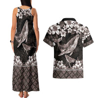 Hawaiian Plumeria and Humpback Whales Couples Matching Tank Maxi Dress and Hawaiian Shirt Polynerian Art Tattoo-Grayscale Mode LT03 - Polynesian Pride