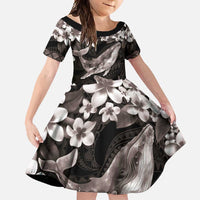 Hawaiian Plumeria and Humpback Whales Family Matching Long Sleeve Bodycon Dress and Hawaiian Shirt Polynerian Art Tattoo-Grayscale Mode LT03 Daughter's Dress Black - Polynesian Pride