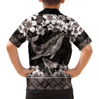 Hawaiian Plumeria and Humpback Whales Family Matching Off The Shoulder Long Sleeve Dress and Hawaiian Shirt Polynerian Art Tattoo-Grayscale Mode LT03 - Polynesian Pride