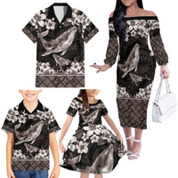 Hawaiian Plumeria and Humpback Whales Family Matching Off The Shoulder Long Sleeve Dress and Hawaiian Shirt Polynerian Art Tattoo-Grayscale Mode LT03 - Polynesian Pride