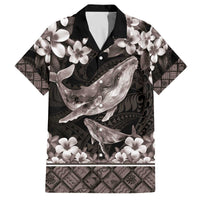 Hawaiian Plumeria and Humpback Whales Family Matching Off The Shoulder Long Sleeve Dress and Hawaiian Shirt Polynerian Art Tattoo-Grayscale Mode LT03 Dad's Shirt - Short Sleeve Black - Polynesian Pride
