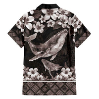 Hawaiian Plumeria and Humpback Whales Family Matching Off The Shoulder Long Sleeve Dress and Hawaiian Shirt Polynerian Art Tattoo-Grayscale Mode LT03 - Polynesian Pride
