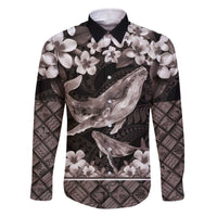 Hawaiian Plumeria and Humpback Whales Family Matching Off The Shoulder Long Sleeve Dress and Hawaiian Shirt Polynerian Art Tattoo-Grayscale Mode LT03 Dad's Shirt - Long Sleeve Black - Polynesian Pride
