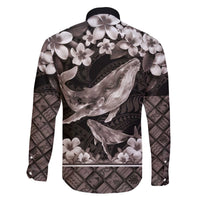 Hawaiian Plumeria and Humpback Whales Family Matching Off The Shoulder Long Sleeve Dress and Hawaiian Shirt Polynerian Art Tattoo-Grayscale Mode LT03 - Polynesian Pride