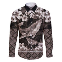 Hawaiian Plumeria and Humpback Whales Family Matching Off Shoulder Short Dress and Hawaiian Shirt Polynerian Art Tattoo-Grayscale Mode LT03 Dad's Shirt - Long Sleeve Black - Polynesian Pride