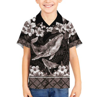 Hawaiian Plumeria and Humpback Whales Family Matching Off Shoulder Short Dress and Hawaiian Shirt Polynerian Art Tattoo-Grayscale Mode LT03 Son's Shirt Black - Polynesian Pride