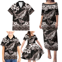 Hawaiian Plumeria and Humpback Whales Family Matching Puletasi and Hawaiian Shirt Polynerian Art Tattoo-Grayscale Mode LT03 - Polynesian Pride