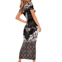 Hawaiian Plumeria and Humpback Whales Family Matching Short Sleeve Bodycon Dress and Hawaiian Shirt Polynerian Art Tattoo-Grayscale Mode LT03 - Polynesian Pride