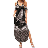 Hawaiian Plumeria and Humpback Whales Family Matching Summer Maxi Dress and Hawaiian Shirt Polynerian Art Tattoo-Grayscale Mode LT03 Mom's Dress Black - Polynesian Pride