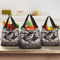 Hawaiian Plumeria and Humpback Whales Grocery Bag Polynerian Art Tattoo-Grayscale Mode