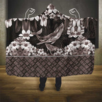 Hawaiian Plumeria and Humpback Whales Hooded Blanket Polynerian Art Tattoo-Grayscale Mode
