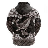 Hawaiian Plumeria and Humpback Whales Hoodie Polynerian Art Tattoo-Grayscale Mode