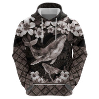 Hawaiian Plumeria and Humpback Whales Hoodie Polynerian Art Tattoo-Grayscale Mode