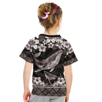 Hawaiian Plumeria and Humpback Whales Kid T Shirt Polynerian Art Tattoo-Grayscale Mode