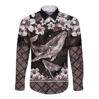 Hawaiian Plumeria and Humpback Whales Long Sleeve Button Shirt Polynerian Art Tattoo-Grayscale Mode
