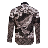 Hawaiian Plumeria and Humpback Whales Long Sleeve Button Shirt Polynerian Art Tattoo-Grayscale Mode