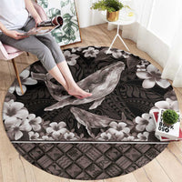 Hawaiian Plumeria and Humpback Whales Round Carpet Polynerian Art Tattoo-Grayscale Mode
