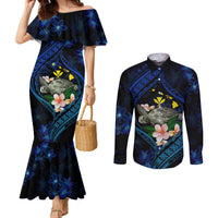 Hawaii Turtle Plumeria Flower Fanciful Couples Matching Mermaid Dress and Long Sleeve Button Shirt LT03 Black - Polynesian Pride