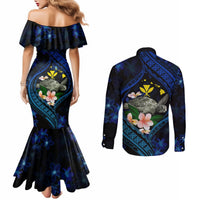 Hawaii Turtle Plumeria Flower Fanciful Couples Matching Mermaid Dress and Long Sleeve Button Shirt LT03 - Polynesian Pride