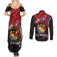 Tonga Emancipation Day Couples Matching Summer Maxi Dress and Long Sleeve Button Shirt Ngatu Humpback Whale Polynesian Flower LT03 - Polynesian Pride