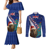 New Zealand Christmas Couples Matching Mermaid Dress and Long Sleeve Button Shirt Kiwi Bird Santa and Silver Fern Funny Haka Dance LT03 Blue - Polynesian Pride