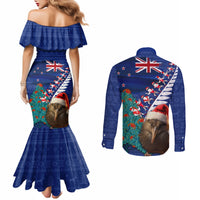 New Zealand Christmas Couples Matching Mermaid Dress and Long Sleeve Button Shirt Kiwi Bird Santa and Silver Fern Funny Haka Dance LT03 - Polynesian Pride