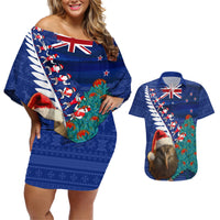 New Zealand Christmas Couples Matching Off Shoulder Short Dress and Hawaiian Shirt Kiwi Bird Santa and Silver Fern Funny Haka Dance LT03 Blue - Polynesian Pride