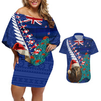 New Zealand Christmas Couples Matching Off Shoulder Short Dress and Hawaiian Shirt Kiwi Bird Santa and Silver Fern Funny Haka Dance LT03 Blue - Polynesian Pride