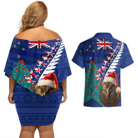 New Zealand Christmas Couples Matching Off Shoulder Short Dress and Hawaiian Shirt Kiwi Bird Santa and Silver Fern Funny Haka Dance LT03 - Polynesian Pride