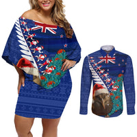 New Zealand Christmas Couples Matching Off Shoulder Short Dress and Long Sleeve Button Shirt Kiwi Bird Santa and Silver Fern Funny Haka Dance LT03 Blue - Polynesian Pride