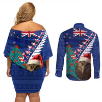 New Zealand Christmas Couples Matching Off Shoulder Short Dress and Long Sleeve Button Shirt Kiwi Bird Santa and Silver Fern Funny Haka Dance LT03 - Polynesian Pride