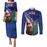 New Zealand Christmas Couples Matching Puletasi and Long Sleeve Button Shirt Kiwi Bird Santa and Silver Fern Funny Haka Dance LT03 Blue - Polynesian Pride