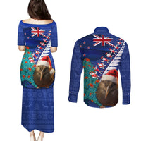 New Zealand Christmas Couples Matching Puletasi and Long Sleeve Button Shirt Kiwi Bird Santa and Silver Fern Funny Haka Dance LT03 - Polynesian Pride