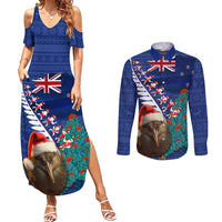 New Zealand Christmas Couples Matching Summer Maxi Dress and Long Sleeve Button Shirt Kiwi Bird Santa and Silver Fern Funny Haka Dance LT03 Blue - Polynesian Pride