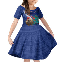 New Zealand Christmas Family Matching Off Shoulder Maxi Dress and Hawaiian Shirt Kiwi Bird Santa and Silver Fern Funny Haka Dance LT03 Daughter's Dress Blue - Polynesian Pride