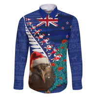 New Zealand Christmas Family Matching Off Shoulder Maxi Dress and Hawaiian Shirt Kiwi Bird Santa and Silver Fern Funny Haka Dance LT03 Dad's Shirt - Long Sleeve Blue - Polynesian Pride