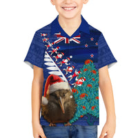 New Zealand Christmas Family Matching Off Shoulder Maxi Dress and Hawaiian Shirt Kiwi Bird Santa and Silver Fern Funny Haka Dance LT03 Son's Shirt Blue - Polynesian Pride