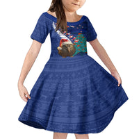 New Zealand Christmas Kid Short Sleeve Dress Kiwi Bird Santa and Silver Fern Funny Haka Dance LT03 KID Blue - Polynesian Pride