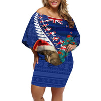 New Zealand Christmas Off Shoulder Short Dress Kiwi Bird Santa and Silver Fern Funny Haka Dance LT03 Women Blue - Polynesian Pride