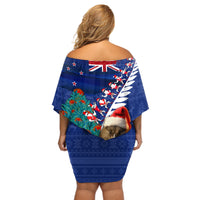 New Zealand Christmas Off Shoulder Short Dress Kiwi Bird Santa and Silver Fern Funny Haka Dance LT03 - Polynesian Pride