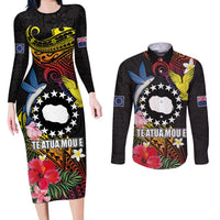 Cook Islands Independence Day Couples Matching Long Sleeve Bodycon Dress and Long Sleeve Button Shirt Maroro and Kakaia with Hibiscus Flower Polynesian Pattern