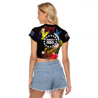 Cook Islands Independence Day Raglan Cropped T Shirt Maroro and Kakaia with Hibiscus Flower Polynesian Pattern
