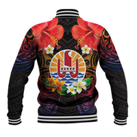 French Polynesia Bastille Day Baseball Jacket Tiare Flower and National Seal Polynesian Pattern