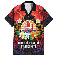 French Polynesia Bastille Day Family Matching Long Sleeve Bodycon Dress and Hawaiian Shirt Tiare Flower and National Seal Polynesian Pattern LT03 Dad's Shirt - Short Sleeve Black - Polynesian Pride