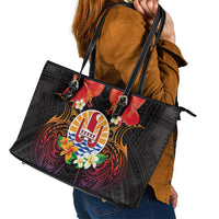 French Polynesia Bastille Day Leather Tote Bag Tiare Flower and National Seal Polynesian Pattern