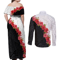 Hawaii Red Hibiscus Flowers Couples Matching Off Shoulder Maxi Dress and Long Sleeve Button Shirt Polynesian Pattern With Half Black White Version